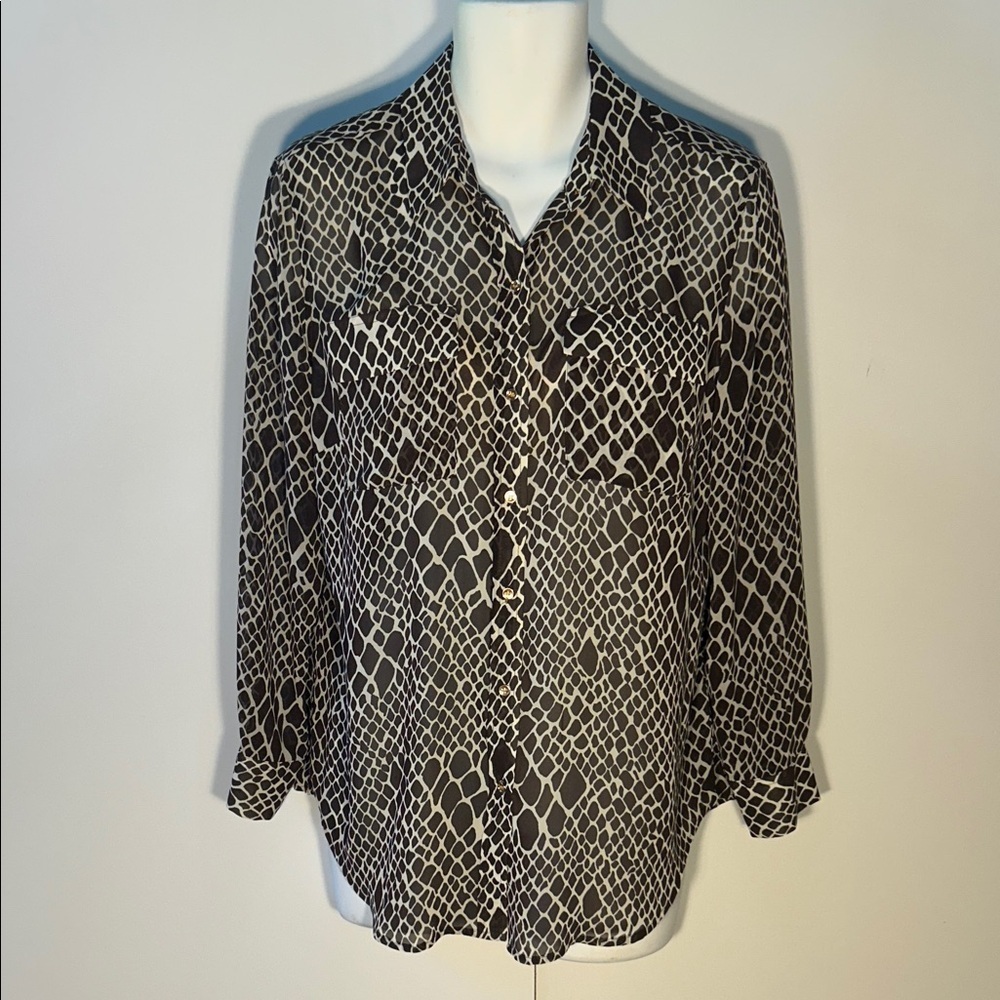 Charter Club SZ L Brown Animal Print Blouse Career Dressy Wardrobe Staple Chic